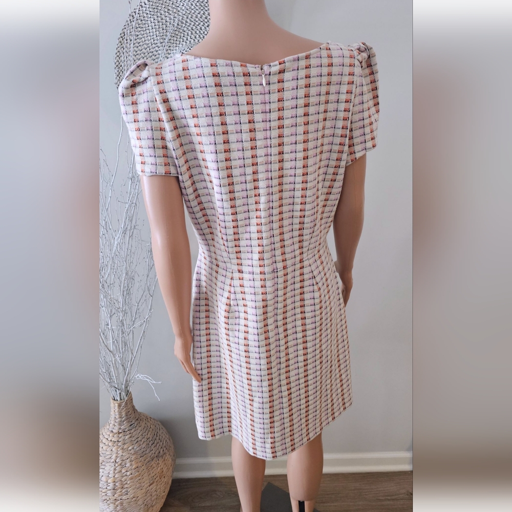Ann Taylor Madras Beige Plaid Puff Sleeve Flare Dress - Picture 5 of 7
